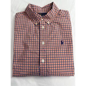 Ralph Lauren Button Down Kids Shirt Size L 14-16 Orange Blue Gingham Classic A57